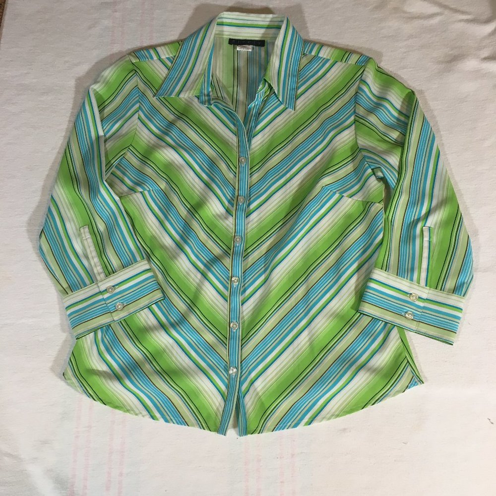 Vintage Ninety Green Blue Stripped Shirt Blouse Size M